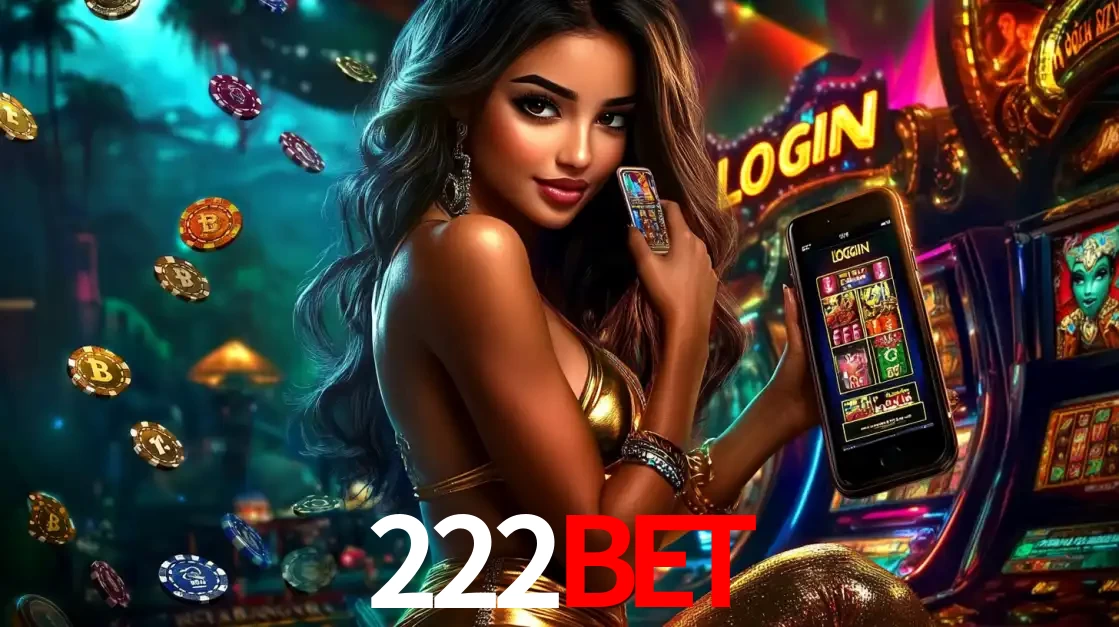 Mulher em um cenário de cassino temático de aventura, mostrando o app de caça-níqueis da 222bet no celular. Fichas de apostas flutuam ao redor.